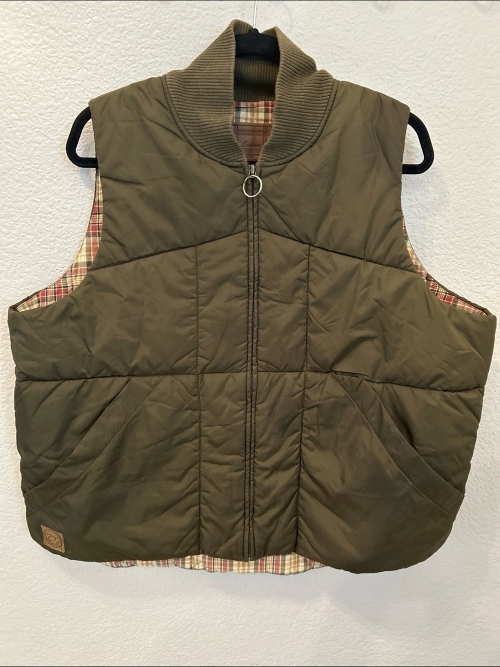 Ralph Lauren Dry Ocean Supply Green Puffer Vest 1X Plaid Pattern Inside Jacket